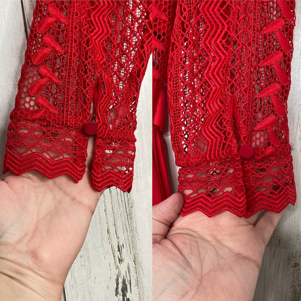NWT Self-Portrait Red Geometric Lace Dress Guipure Crochet Preppy Twee Size 2 - Picture 9 of 16